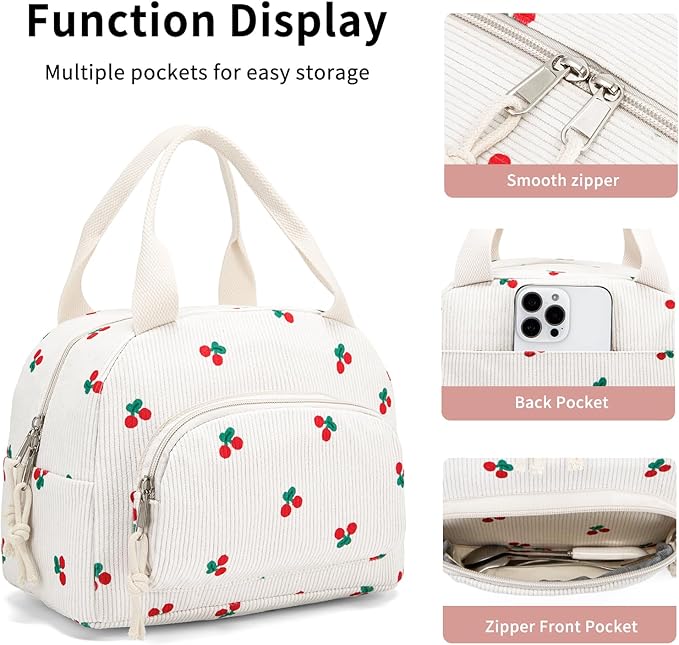 Lunch Bag Women Lunch Box for Women Adult Cute Insulated Lunch Bag Small Cooler Lunch Tote Bags for Work Picnic Travel (Beige-Cherry)