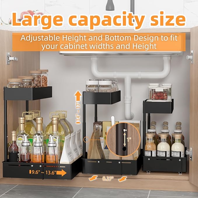 2 Packs Under Sink Organizer with Adjustable Height and Width, Under Cabinet Organizer to Tidy, Sturdy Metal Design for Kitchen and Bathroom
