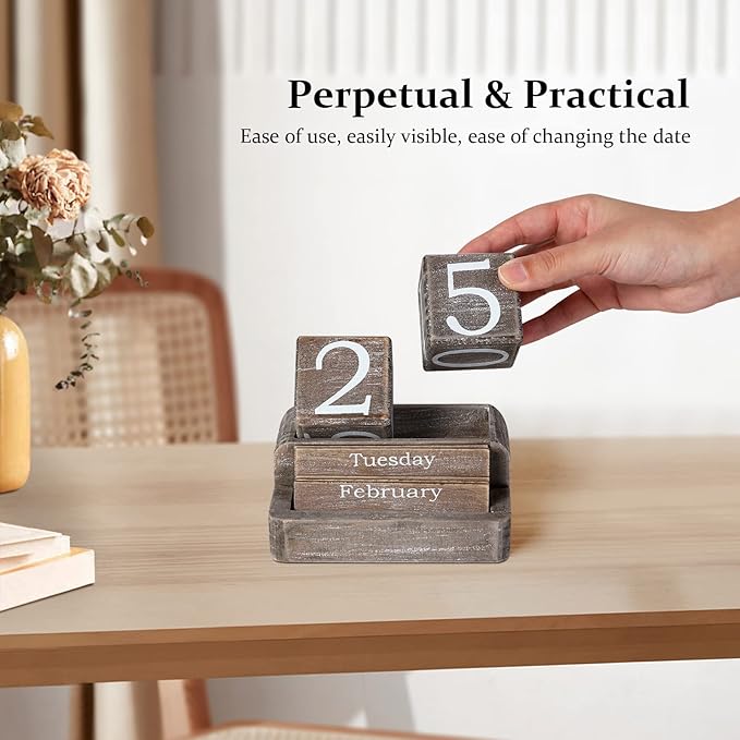Wooden Block Calendar for Desk, Daily Desktop Perpetual Desk Calendar, Farmhouse Desk Accessories for Home Office Decor, Reusable Yearly, ‎‎Vintage Grey