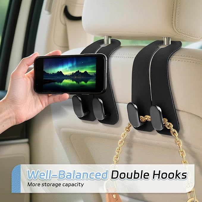 Car Seat Headrest Hooks - 4 Pack Universal Car Purse Hook, Leather Car Bag Purse Holder with Double Metal Hooks for Handbags, Grocery Bags, Bottles, Phones, Black