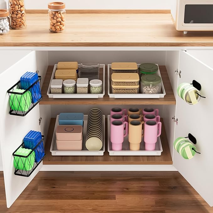 YIGII Adhesive Cabinet Door Organizer, 4 Pack Lid Organizers Inside Cabinet Food Container/Tumbler Lid Organizer and Storage Cup Lids Holder for Kitchen