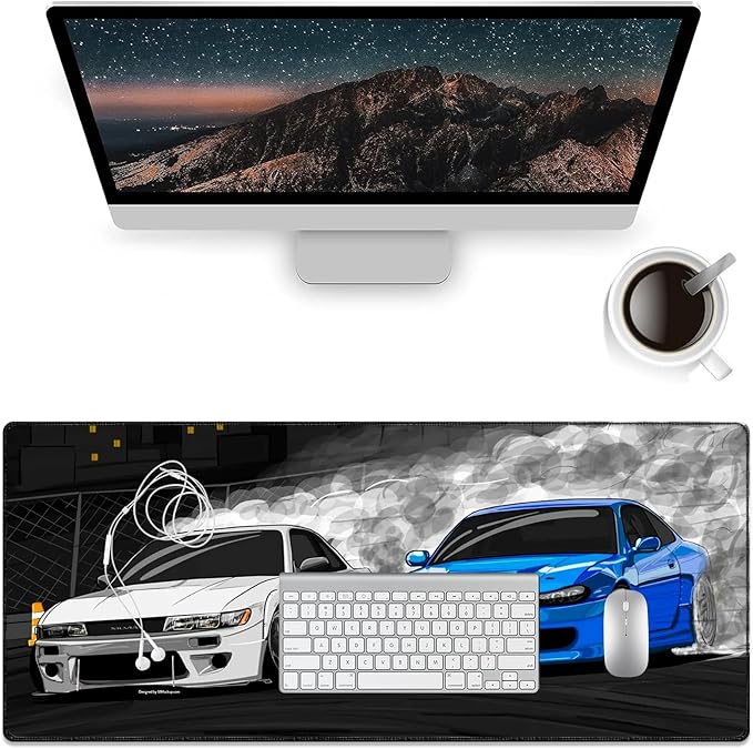 White Blue Cars Desk Pad, Stitched Edges Mouse Pad, Large Office Desk Mat, Non-Slip Gaming Mouse Pad, Laptop Desk Pad, Desk Writing Pad for Office and Home