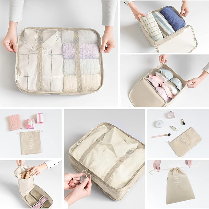 LANSKLBD 8 Set Packing Cubes for Suitcases, Travel Luggage Packing Organizers, Travel Accessories Essentials Luggage Organizer with Shoe/Toiletry/Laundry Bag