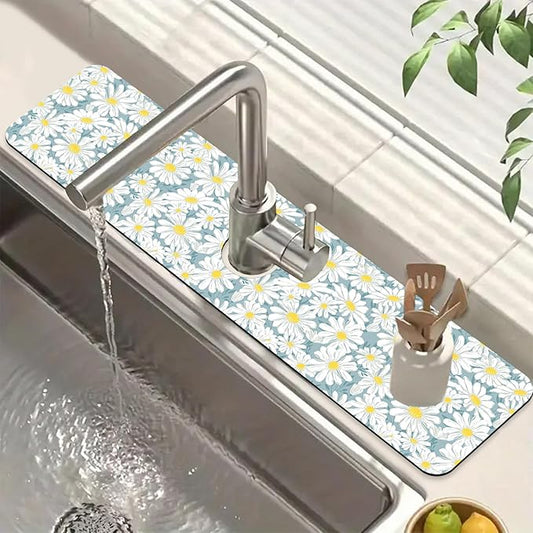 White Flower Sink Faucet Absorbing Mat Cute Chamomile Super Absorbent Fast Drying Mat Sink Gadgets Behind Faucet Sinkmat for Kitchen Bathroom, 23.5"x5.5"