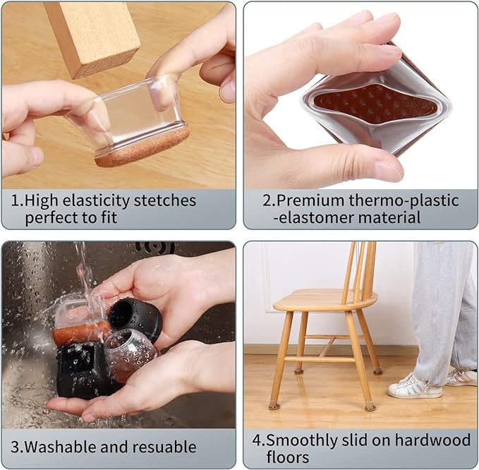 Ezprotekt 8 Pcs Extra Large Square Chair Leg Floor Protectors, Silicone Felt Furniture Pads for Hardwood Floor, Dining Table Bar Stool Leg Protectors Leg Cups Covers (XL Fit: 1.5" - 2", Clear)