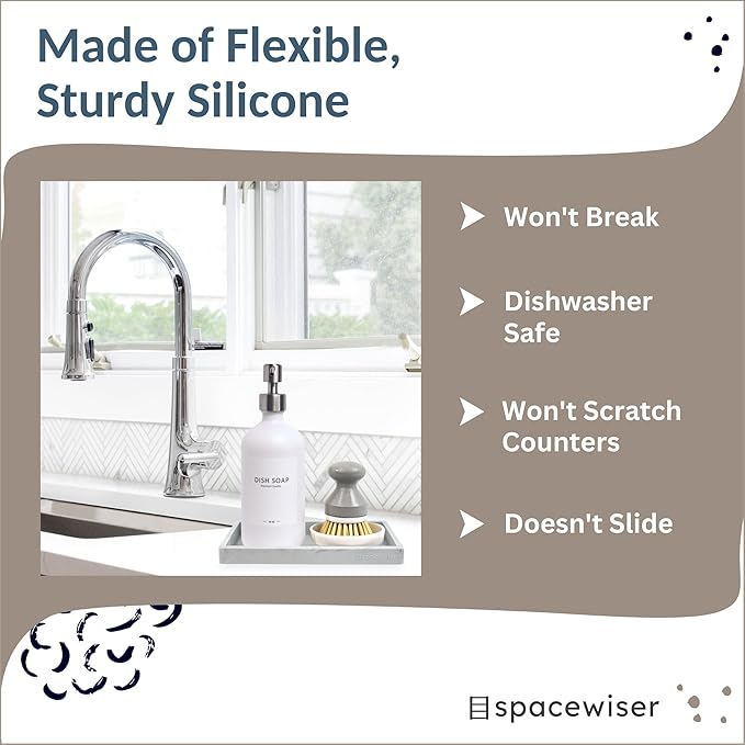Spacewiser Countertop and Vanity Tray - Small 7.7” Silicone Tray for Soap Dispenser Bottles, Sponge Holder for Kitchen Sink Caddy Organizer, Bathroom Trays, Dish Soap Holder for Kitchen Counter, Keys