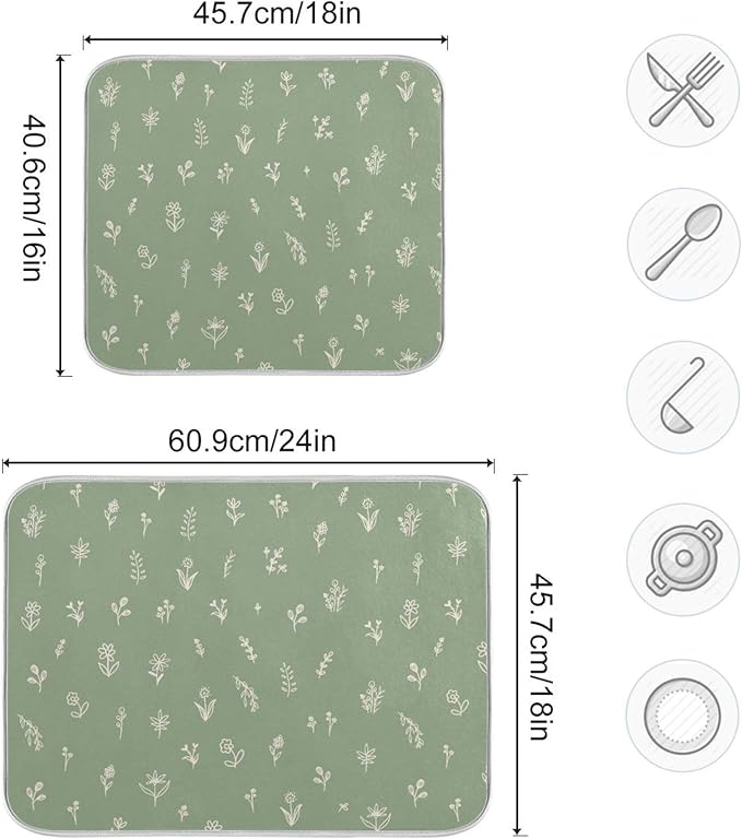 Sage Green Dish Drying Mat Quick Absorbent 18x24 Doodled Botany Flowers Leaves Herbs Plants Kitchen Drying Mat for Countertop Sink Reusable Dishes Mats Kitchen Essentials