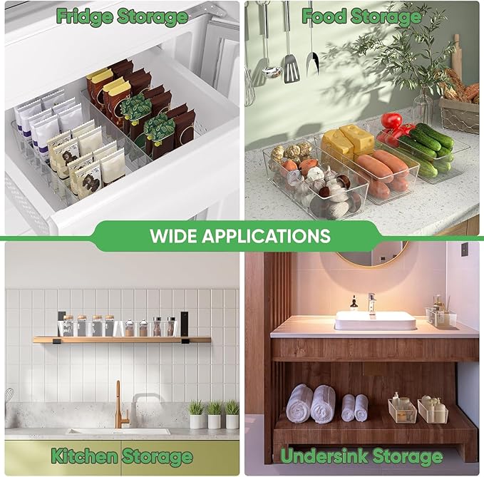 4 Pack Pantry Organizers,Clear Plastic Organizer Bins for Kitchen,Fridge,Drawer Organization and Storage, 4 compartment Snack Containers for Spice Packets,Tea bag
