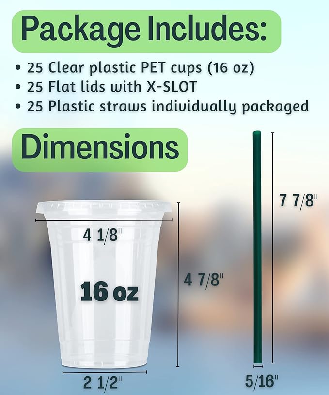 Cappatua 16 oz Clear Plastic Cups with Lids and STRAWS, Disposable Drinking Cups for Cold Drinks, Iced Coffee, Milkshakes, Smoothies, 25 Sets