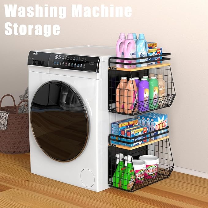 2 Pack Magnetic Spice Storage Rack Organizer for Refrigerator, Magnetic Shelf for Fridge with Wood Lid, Organizer for Kitchen & Laundry, Potato and Onion Storage Bins, Large Container, Strong Magnets