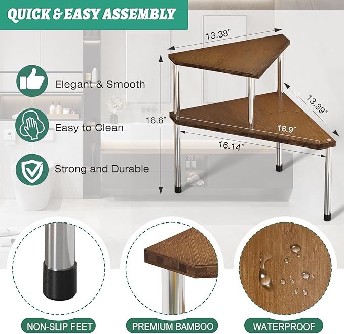 Weenson Bathroom Organizer Countertop, Bathroom Sink Organizer for Toiletries, Makeup, Skincare, Bamboo 2-Tier Kitchen Countertop Organizer for Spice Salt (Brwon)