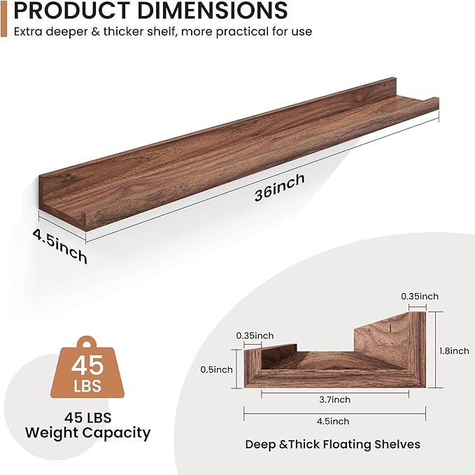 Fun Memories Picture Ledge Shelves Set of 2, 36 Inch Rustic Wall Mounted Floating Shelves with Lip for Home Storage and Decor in Bathroom, Kitchen, Nursery, Bedroom, Living Room, Walnut