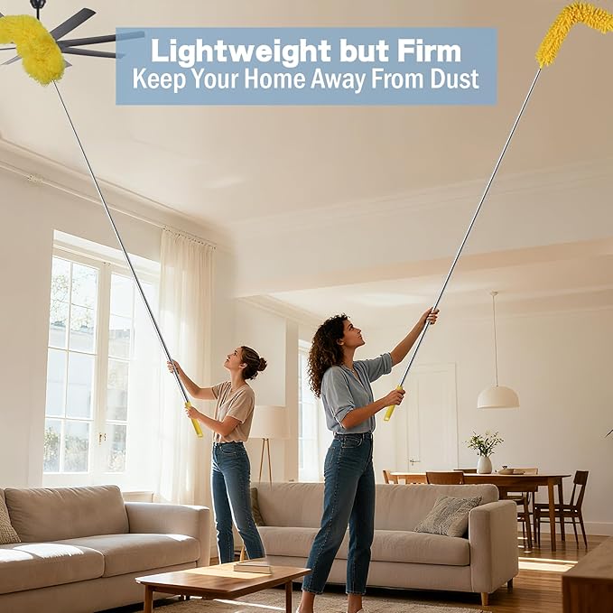 Dymoll Cobweb Duster with Extension Pole, 110" Microfiber Feather Duster Kit with Bendable Washable Heads, Spider Web Brush, Dusters for Cleaning Ceiling Fan, High Ceiling, Blinds, Furniture & Cars