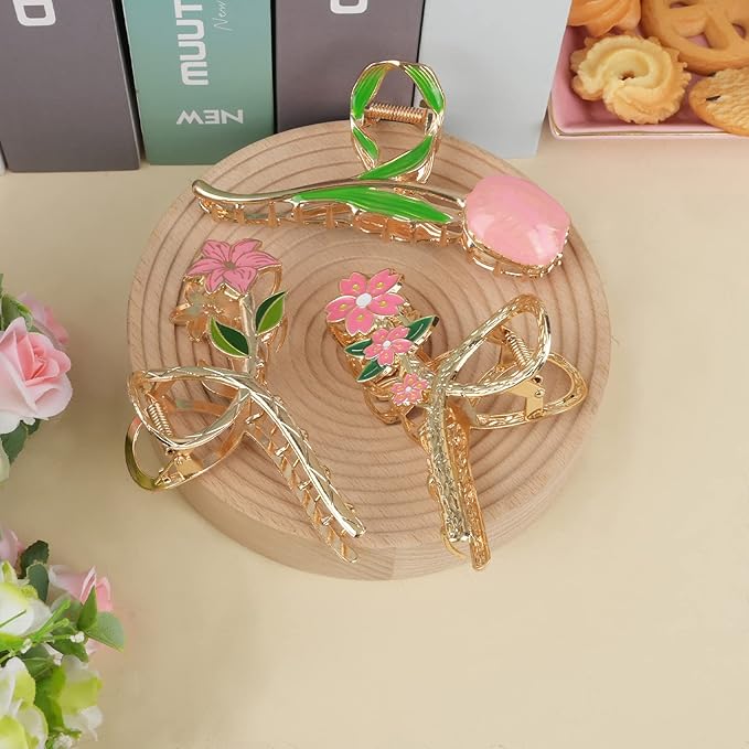 3-Piece Flower Metal Hair Accessories: Pink Tulip Hair Claw, Elegant Lily Floral Barrettes, Strong Hold Non-Slip Cute Orchid Hair Clips for Thin/Medium Thick Hair
