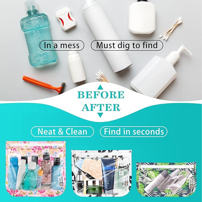 TSA Approved Toiletry Bag, Set of 3 Clear Travel Toiletry Bag Quart Size Zipper Travel Pouch, Waterproof Makeup Cosmetic Bag for Women Men Kids Toiletries Carry on, Cacti B