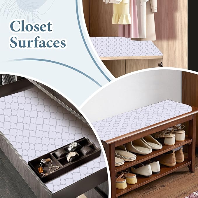 Shelf Liners for Kitchen Cabinets 12in x 20FT Non Adhesive Drawer Liner Silver Quatrefoil Shelf Liner Paper Strong Non-Slip Easy to Clean for Tool Box Refrigerator with Knife and Tape Measure