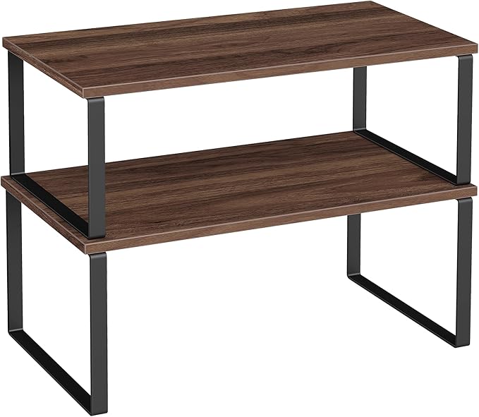SONGMICS Cabinet Organizer Shelf, Set of 2 Kitchen Counter Shelves, Kitchen Storage, Spice Rack, Stackable, Expandable, Metal and Engineered Wood, Natural Walnut and Matte Black UKCS025K01