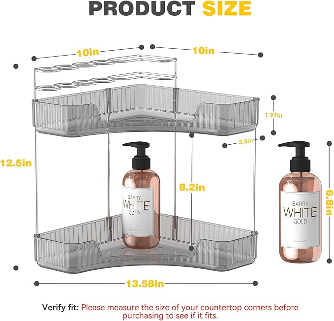 2-Tier Corner Bathroom Counter Organizer with Top Toothbrush Holders,Large Makeup Organizer Countertop with Brush Holder,Skincare Organizers Corner,Exquisite Vanity Organizer (Gray, 2 Tier)