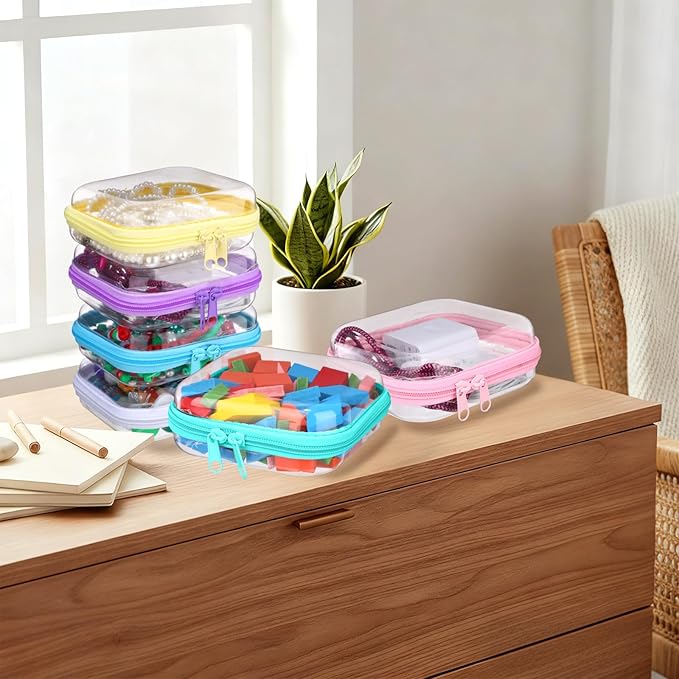 Sanwuta 6 Pcs Clear Hard Zipper Case Plastic Zipper Pouches Transparent Makeup Bag Pencil Case Pouches Toiletry Diaper Bag for Travel Toy Storage Organizer Bins (Colorful, 5 x 5 x 2 Inch)