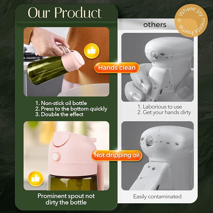YARRAMATE 16oz/470ml Light-Blocking Dark Oil Sprayer for Cooking, 2 in 1 Olive Oil Dispenser Bottle for Kitchen, Dark Green Glass Oil Bottle, Food-Grade Oil Mister for Air Fryer, BBQ (PeachPink)