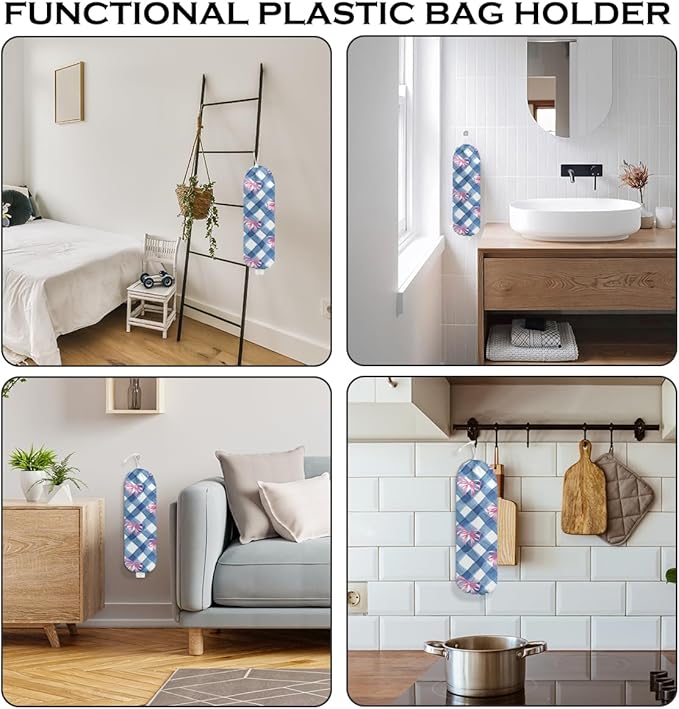 Pink Bow Plastic Bag Holder for Kitchen Essentials, Wall Mount Grocery Bag Holder for Plastic Bags, Blue White Plaid Reusable Shopping Bags Storage Dispenser for Home Kitchen Pantry, 22.5x9 Inch