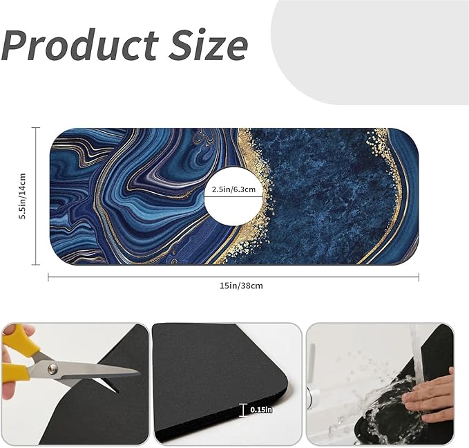 Kitchen Sink Splash Guard, Dark blue gold marble Faucet Mat Sink Gadgets - Super Absorbent Fast Drying Mat Drip Catcher for Kitchen, Bathroom, Sink Mat, Dish Drying Mat, Bathroom (15" X 5.5")