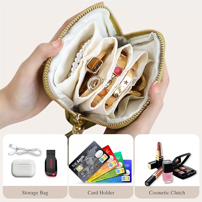 Stratalife Travel Jewelry Case Organizer for Women Portable Jewelry Box with Small Pouches for Gemstones Healing Crystal Bracelets, Necklace Bangles Storage, Pendants Ring Holder Zipper, Green Tassel