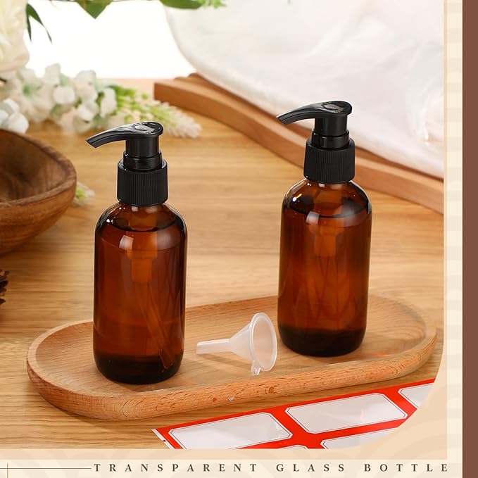 Fumete 2 Pack Glass Bottles 4oz Empty Refillable Liquid Containers with 1 Label 1 Funnel for Essential Oils Hair Travel Plants Cleaning Skin Care(Amber, Black Top,Pump Bottle)