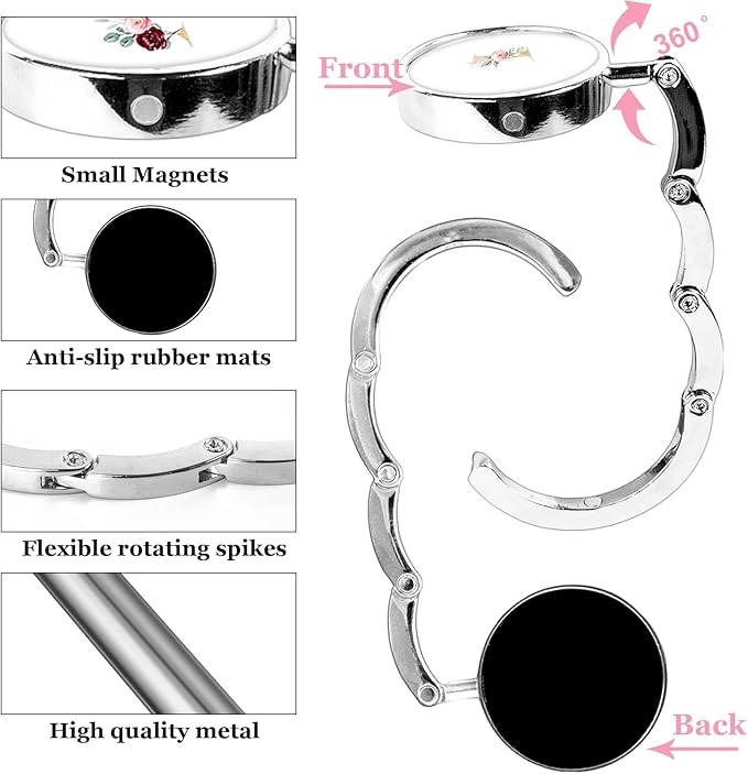 XSUIOY 3Pcs Personalized Initial Foldable Purse Hook for Table,Crushed Flower Letters Folding Purse Hanger,Purse Holder Handbag Hanger Collection Desk Table Bag Hooks Gifts for Women Bag(Pink-I)