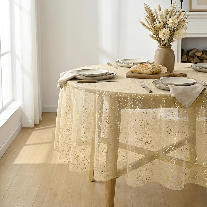 Horaldaily Apricot Gauze Tablecloth 60x60 Inch Round, Golden Sequin Glitter Metallic Foil, Sheer Tulle Cheesecloth for Wedding Baby Shower Ceremony Birthday