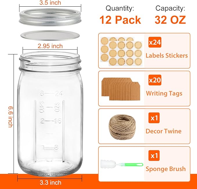 Wide Mouth Mason Jars 32 oz, 12 Pack Clear Glass Mason Jars with Airtight Lids and Bands, Quart Canning Jars for Preserving, Canning, Meal Prep, Pickling