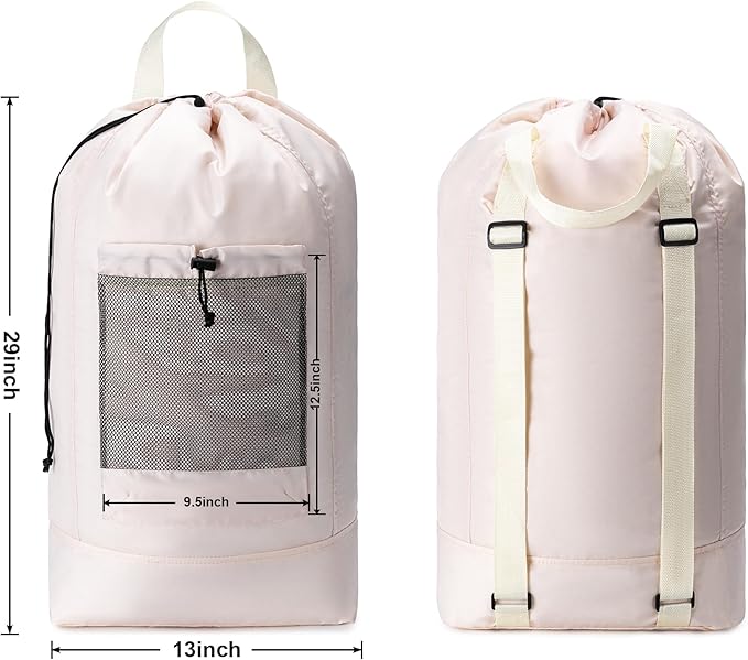Backpack Laundry Bag, Large Travel Laundry Bags with Shoulder Straps and Mesh Pockets, Laundry Backpack with Drawstring Closure for College, Travel, Dorm, Apartment, Laundromat (Khaki)