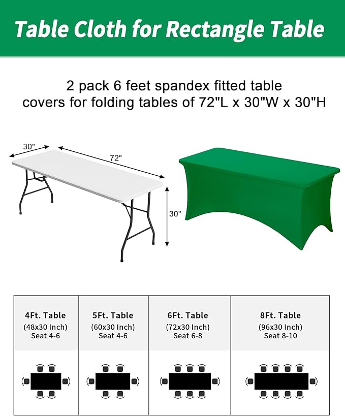 Fixwal Green Stretch Table Cloth Rectangle 2 Pack 6Ft, Spandex Fitted Table Covers Washable for Party, Trade Show, Banquet, Wedding, Buffet