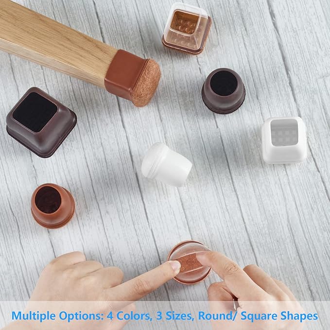 16 Pack Chair Leg Floor Protectors for Hardwood Floors, Round Rubber Furniture Sliders, 360°Felt Pad Bottom Wrapped Thickening Silicone Furniture Leg Caps Covers (Square, Clear-Brown-L)