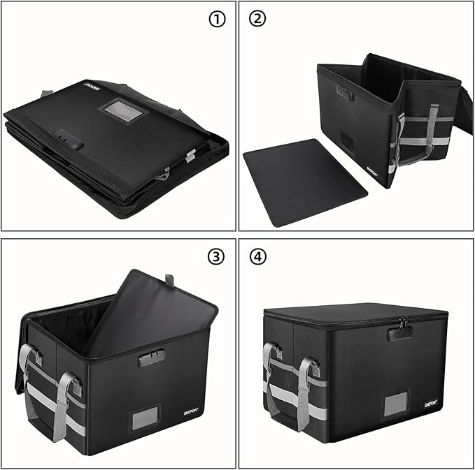 ENGPOW File Box with Lock, Fireproof Document Box with Zipper & Pockets, Collapsible File Organizer Filing Storage Cabinet with Handle, Portable Home Office Safe for Hanging Letter/Legal Folder, Black