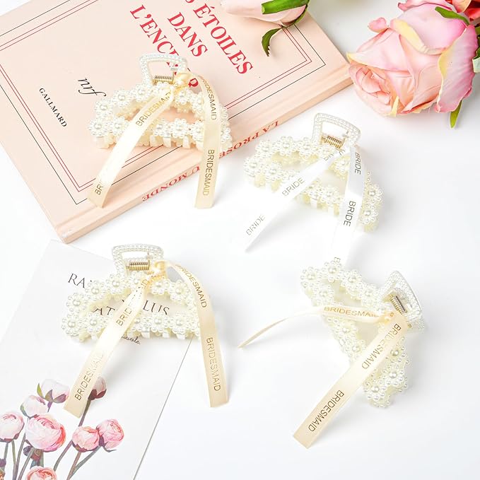 DEEKA Bridesmaid Proposal Gifts 8 Pack Pearl Bridesmaid Hair Claw Clips with Ribbon 3 Inch Hair Clips Bachelorette Party Favors Bridal Party Present Hair Accessories (Half Circle White&Champagne)