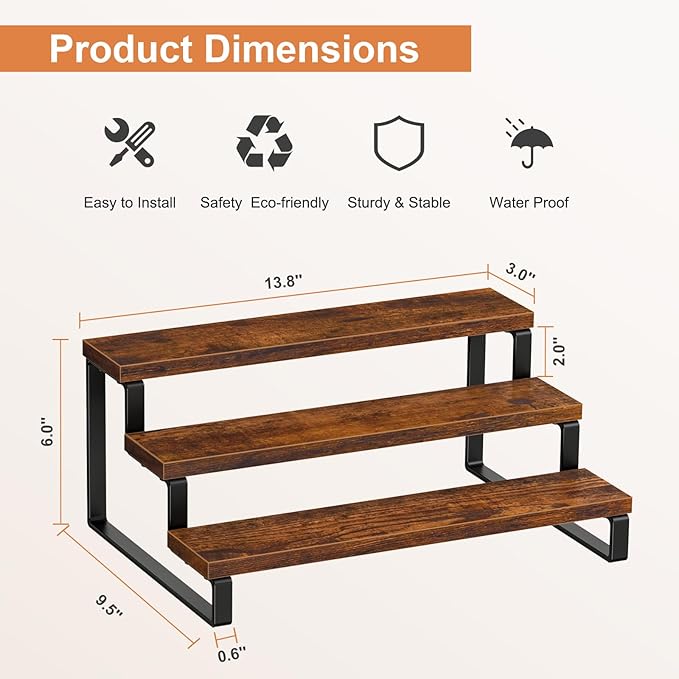Giikin 3-Tier Spice Rack, 13.8 Inch Wood Countertop Spice Storage Holder, Kitchen Pantry Cabinet Organizer Cupboard for Spice Bottles, Jars, Seasonings, Baking Supplies, Metal Frame (Set of 2)