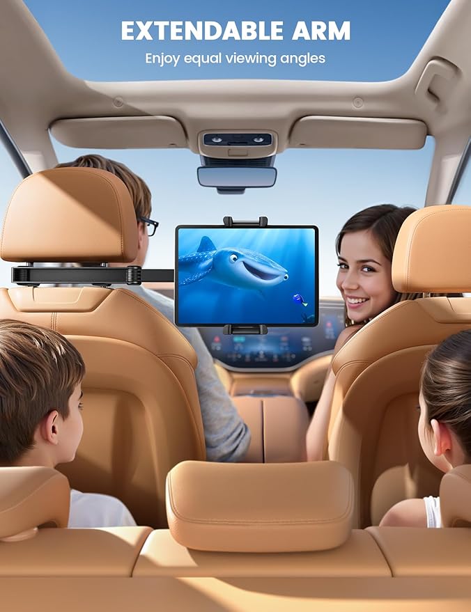 Aomiker Car Headrest iPad Holder - [Aluminium Lockable Arm] Universal Car Tablet Mount Backseat with Foldable Wide Clip, Road Trip Essentials for Kids, for iPad Pro, Air, Mini, Galaxy, 6.1-13” Device