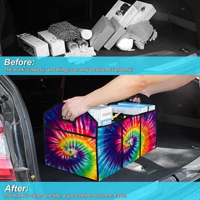 FREZORA Tie-Dye Car Trunk Organizer Storage Box Collapsible Non-Slip Automotive Organizer Vehicle Organization