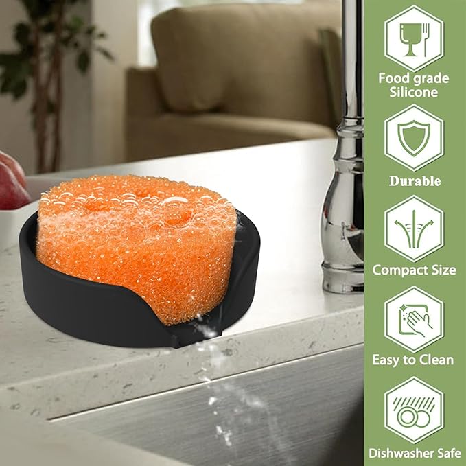 Sponge Holder for Scrub Daddy with Suction Cups and Drain Spout Kitchen Sink Caddy Organizer, Soap Dishes Holder Accessories Rack, Dishwasher Safe - 4.7"x4.7", Black