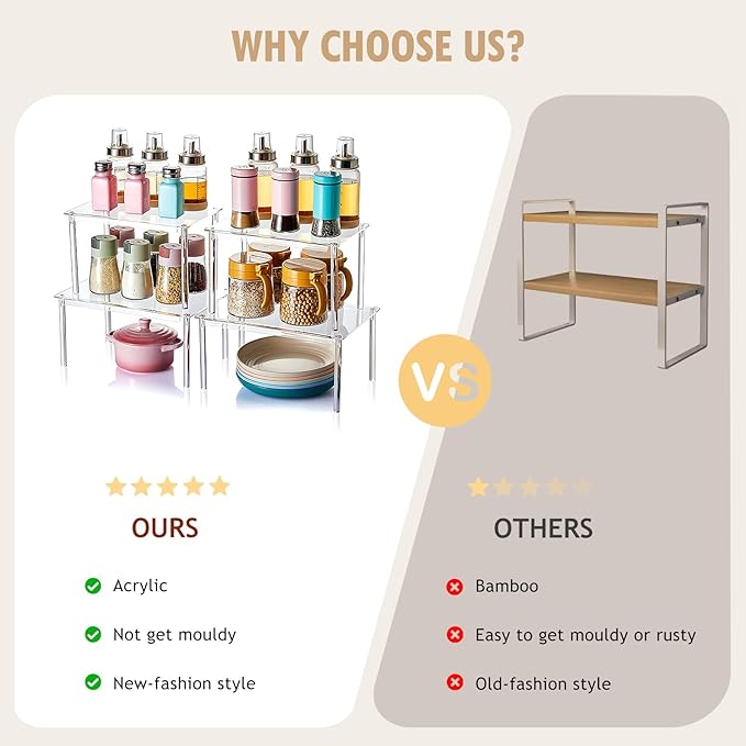 Acrylic Spice Rack Organizer Shelf for Cabinet, Set of 4 Shelves for Kitchen Organizers and Storage, Stackable Display Riser Shelf for Countertop Display Pantry Cabinet, Clear Shelves Room Decor