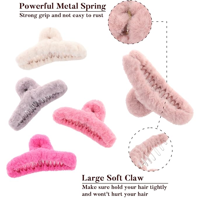 5PCS Large Claw Hair Clips for Thick Hair Big Fuzzy Hair Clips for Women Nonslip Strong Hold Hair Claw Clip (Pinks)