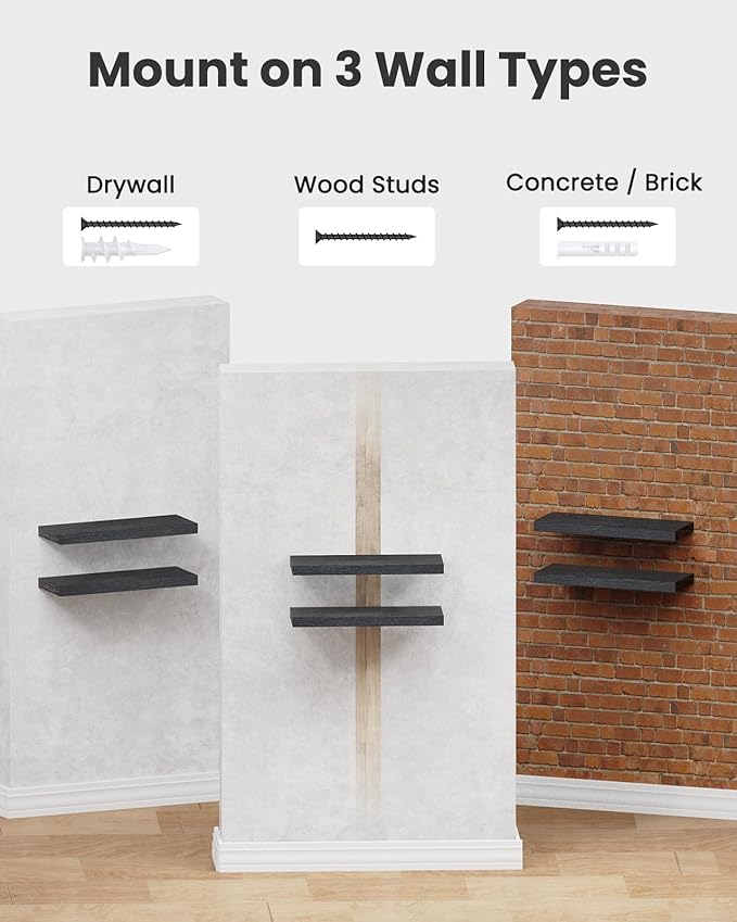 AMADA HOMEFURNISHING Floating Shelves Wall Mounted, 15 x 7 Inch Wall Shelves for Bathroom, Bedroom, Living Room, Black Shelves Set of 2