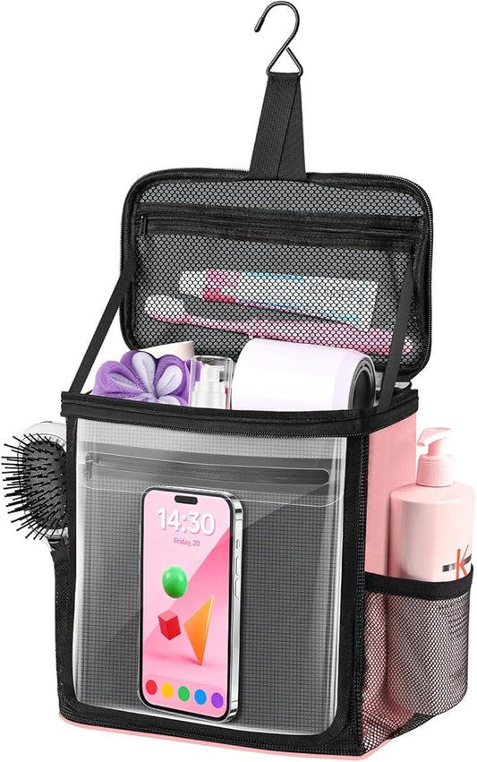 Portable Hanging Shower Caddy, Large Capacity Travel Toiletry Bag for Men & Women, Bath Organizer with Hook & Waterproof Phone Compartment, for Gym, Travel, Dorm, Picnic, Bathroom(Pink)