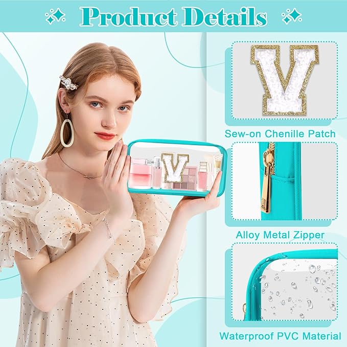 Personalized Initial Letter Clear Makeup Bag,Preppy Small Nylon&PVC Cosmetic Zipper Bag with Chenille Letter,Portable Beach Travel Skincare Toiletry Bag,Trendy Monogram Gift for Teen Girls Women,V