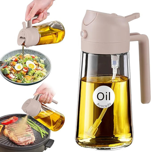 YARRAMATE 16oz/470ml Glass Olive Oil Sprayer for Cooking with Stickers, 2 in 1 Oil Dispenser for Kitchen Gadgets, Food Grade Premium Spray Bottle for Salad, Frying, BBQ (LotusRootPink)