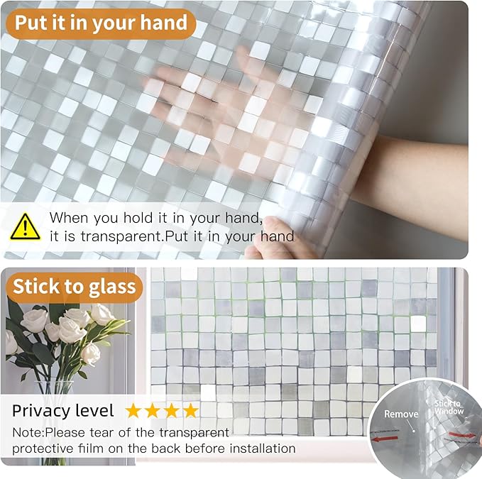 Window Privacy Film Frosted Glass Window Film Decorative, Removable Static Cling Heat Blocking Sun Blocker Front Door Window Covering for Bathroom Home Office (Mosaic, 35.4" x 78.7")