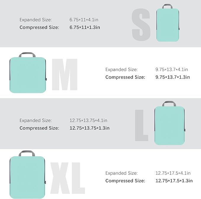 4 Set Compression Packing Cubes Travel - Travel Accessories Expandable Packing Organizers for Carry On - Essentials Luggage Bags - Light Teal