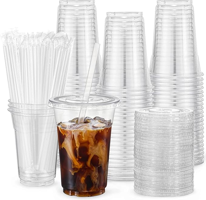 VITEVER 100 Sets - 12oz Clear Plastic Cups with Lids and Straws, Disposable Cups for Iced Coffee, Smoothie, Milkshake, Cold Drinks