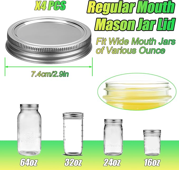 Palksky Stainless Steel Regular Mouth Canning Lids and Rings, Airtight/Rustproof Mason Jar Lids with Bands Set of 4